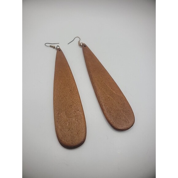 Vintage Earrings Pierced Hook Drop Dangle Wooden Teardrop Jewelry Costume - Picture 9 of 10